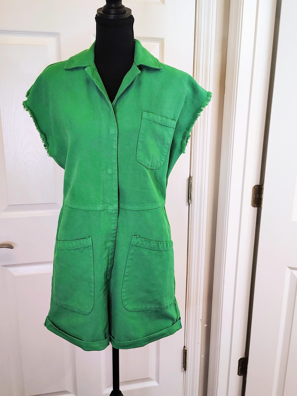 Ascot & Hart Green Cotton Sleeveless Collared Summer Romper Y2K Boho Retro Small